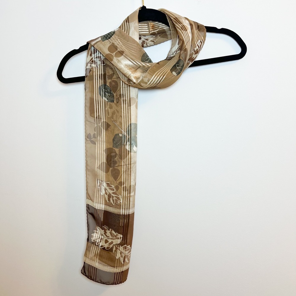 Sheer Beige Brown Leaf Print Scarf Lightweight Elegant Neutral Accessory 52"X10"